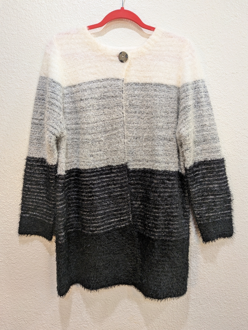Roaman's Cardigan Sweater XL Colorblock Fuzzy Eyelash Knit Open Front Lagenlook‎